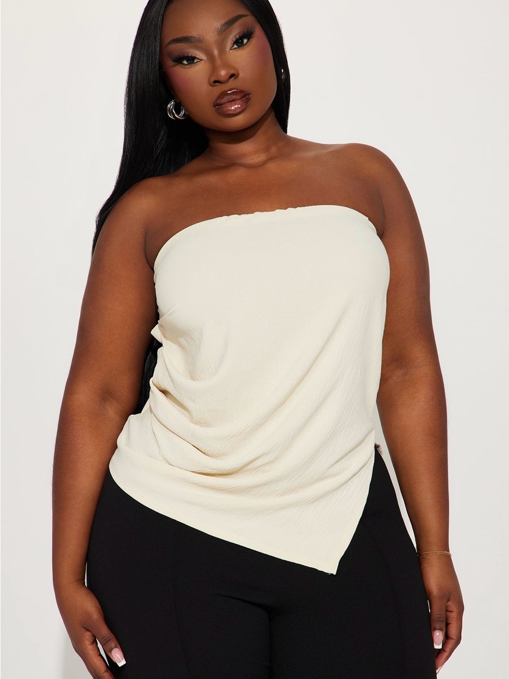 Fashion Nova Cream Strapless Asymmetrical Draped Top